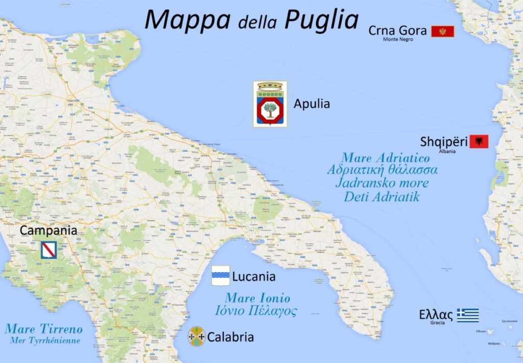 Map of the areas of Puglia: Gargano, Tavoliere, Terra di Bari, Valle d'Itria, Murgia, Salento and the Ionian arc