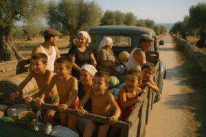 An Apulian family in the sixties riding to the sea on the back of a truck
