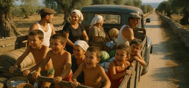 An Apulian family in the sixties riding to the sea on the back of a truck An Apulian family in the sixties riding to the sea on the back of a truck