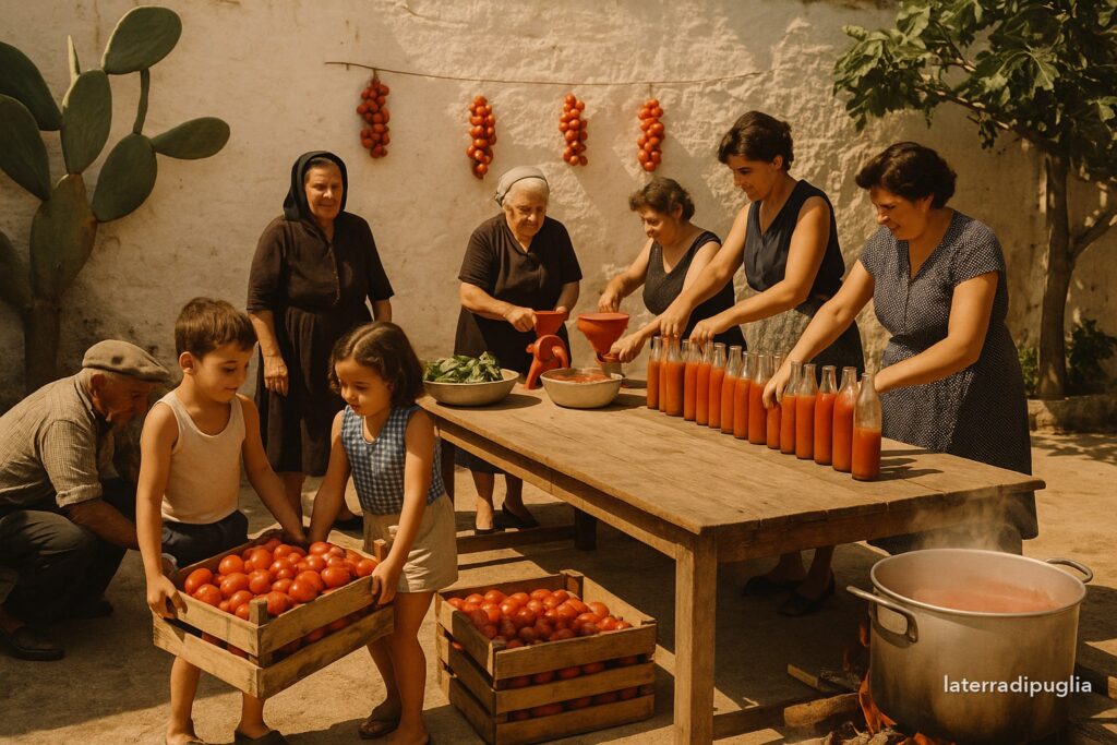 Illustration of the day of the sauce: an Apulian family in a courtyard at the end of August, with crates of tomatoes, the hand-cranked mill and the bottles lined up