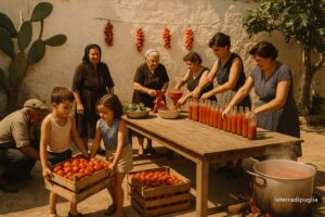 Illustration of the day of the sauce: an Apulian family in a courtyard at the end of August, with crates of tomatoes, the hand-cranked mill and the bottles lined up