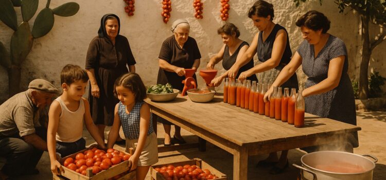 Illustration of the day of the sauce: an Apulian family in a courtyard at the end of August, with crates of tomatoes, the hand-cranked mill and the bottles lined up