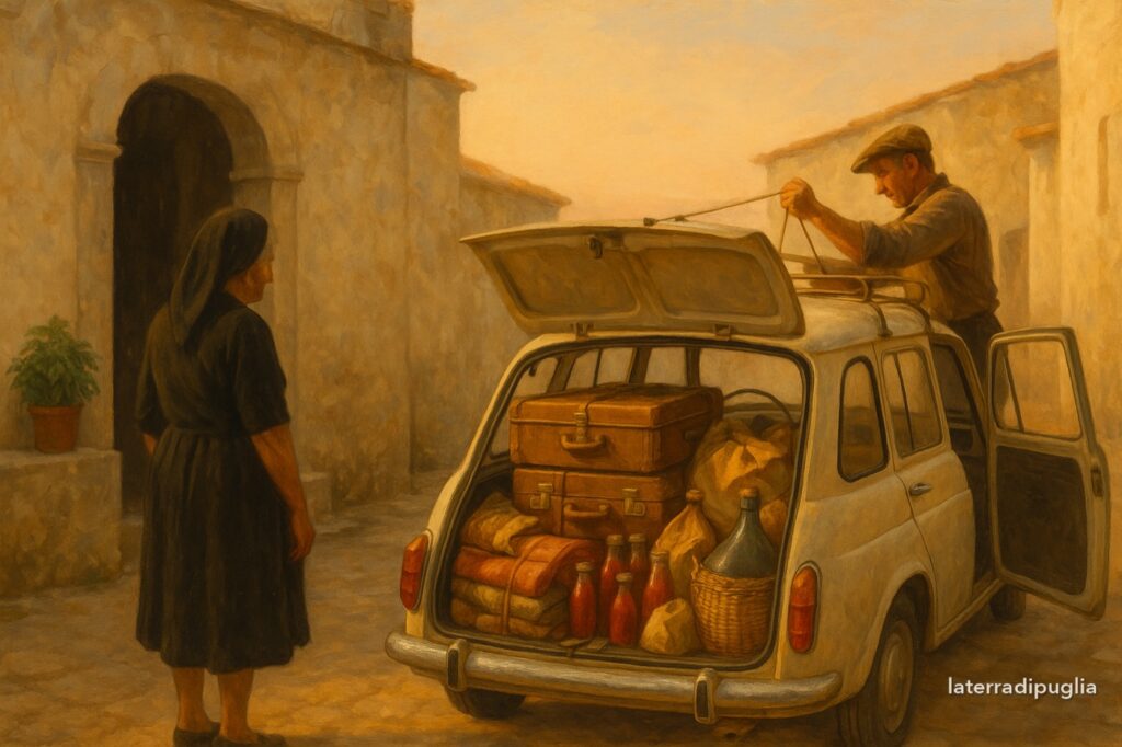 Illustration: a car loaded at dawn outside a house in Puglia at the end of August
