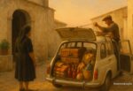 Illustration: a car loaded at dawn outside a house in Puglia at the end of August