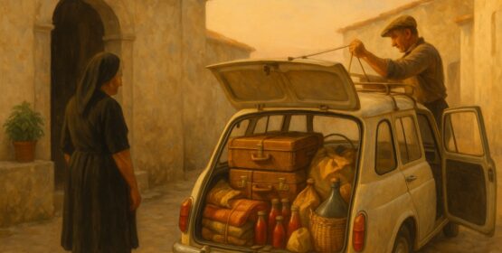 Illustration: a car loaded at dawn outside a house in Puglia at the end of August