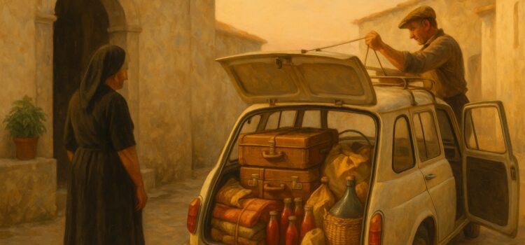 Illustration: a car loaded at dawn outside a house in Puglia at the end of August