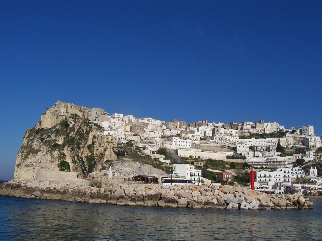 The white houses of Peschici above the bay