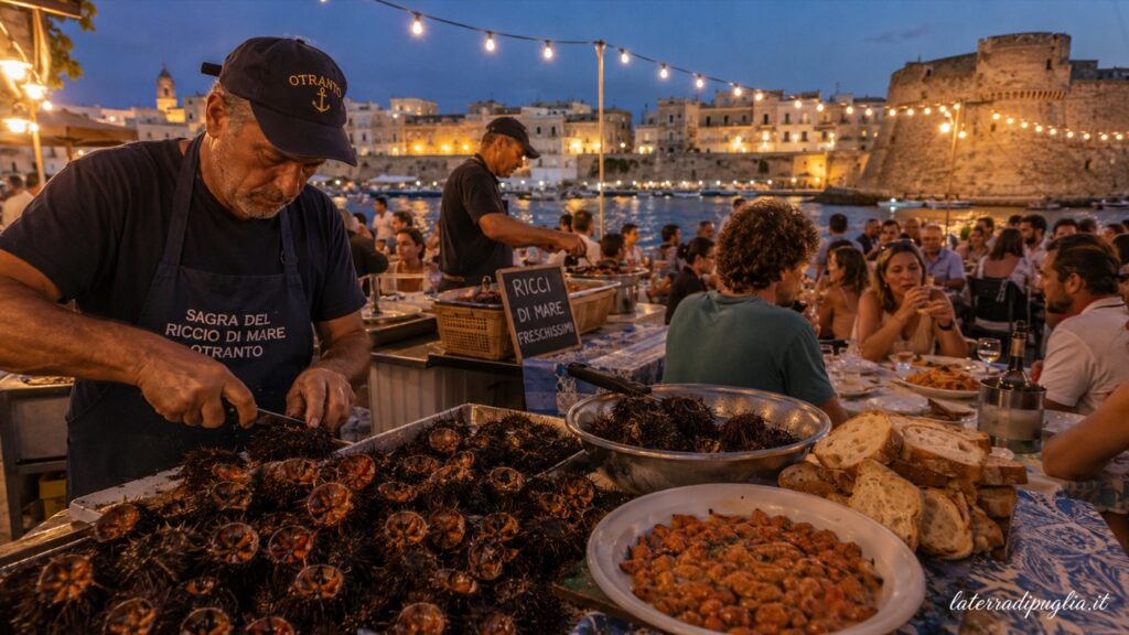 Long tables and seafood dishes at a village festival in the Salento