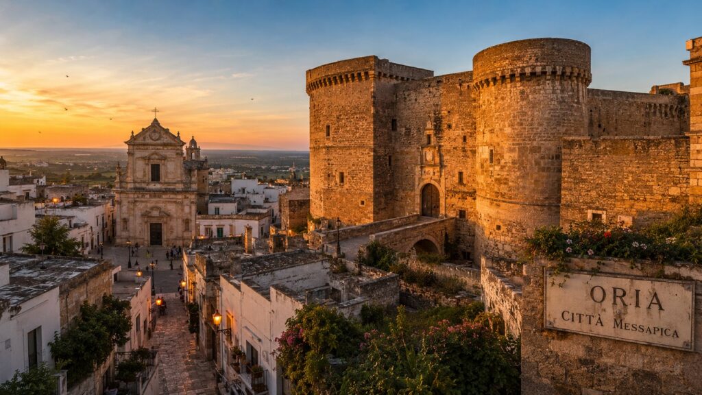 Oria at sunset, with Frederick II’s Swabian castle above the old town