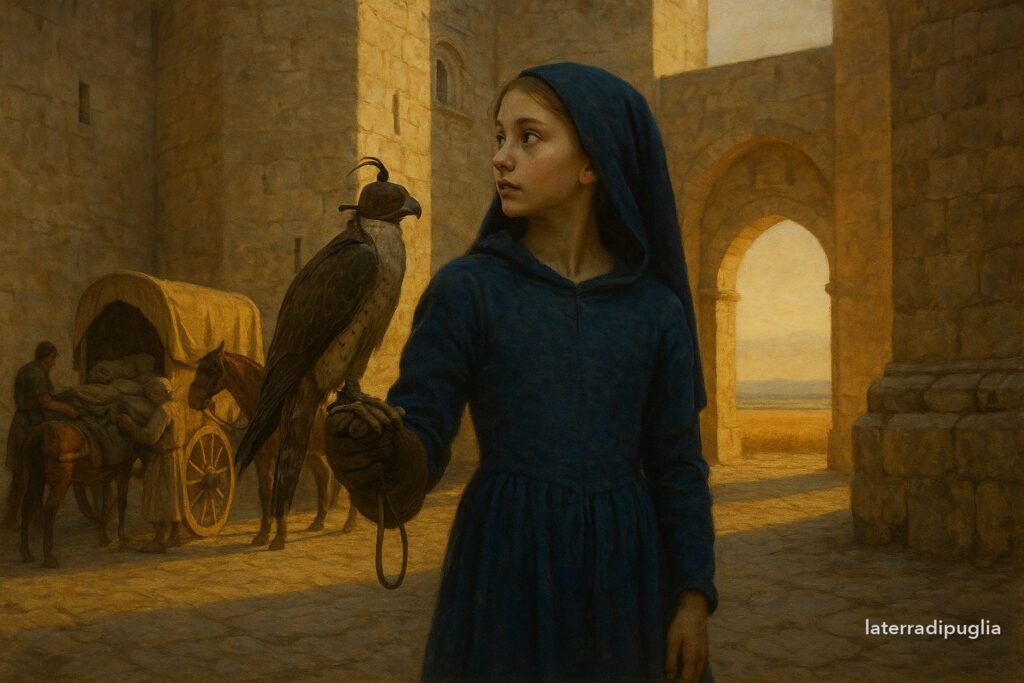 Illustration: Selvaggia of Staufen with her falcon in the courtyard of an Apulian castle, before leaving for the North — a reconstruction, not a photograph