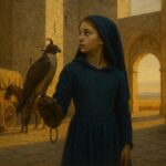 Illustration: Selvaggia of Staufen with her falcon in the courtyard of an Apulian castle, before leaving for the North — a reconstruction, not a photograph