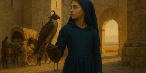 Illustration: Selvaggia of Staufen with her falcon in the courtyard of an Apulian castle, before leaving for the North — a reconstruction, not a photograph