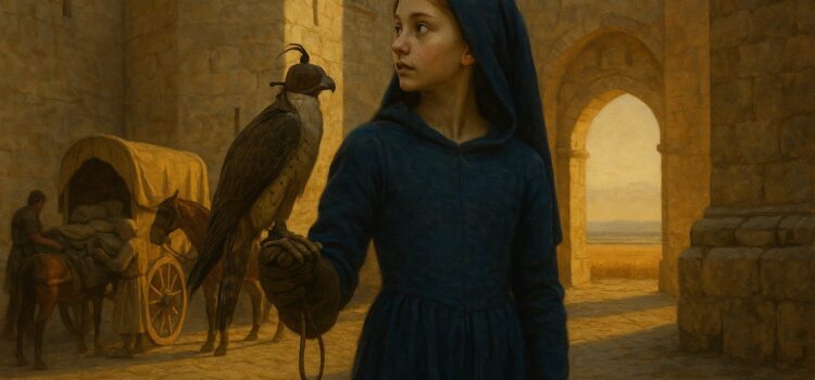 Illustration: Selvaggia of Staufen with her falcon in the courtyard of an Apulian castle, before leaving for the North — a reconstruction, not a photograph