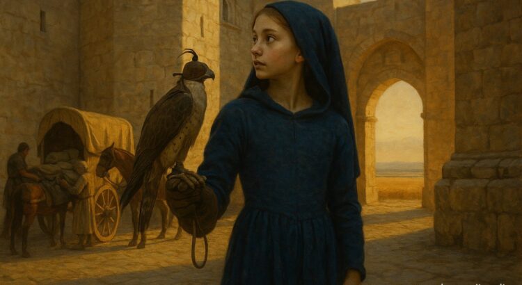 Illustration: Selvaggia of Staufen with her falcon in the courtyard of an Apulian castle, before leaving for the North — a reconstruction, not a photograph