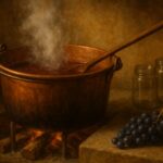 Illustration: grape must simmering slowly in a copper cauldron, with empty jars waiting beside it