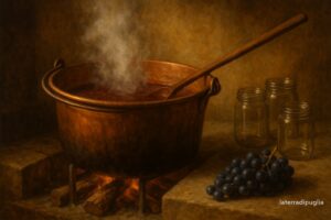 Illustration: grape must simmering slowly in a copper cauldron, with empty jars waiting beside it