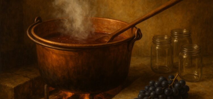 Illustration: grape must simmering slowly in a copper cauldron, with empty jars waiting beside it