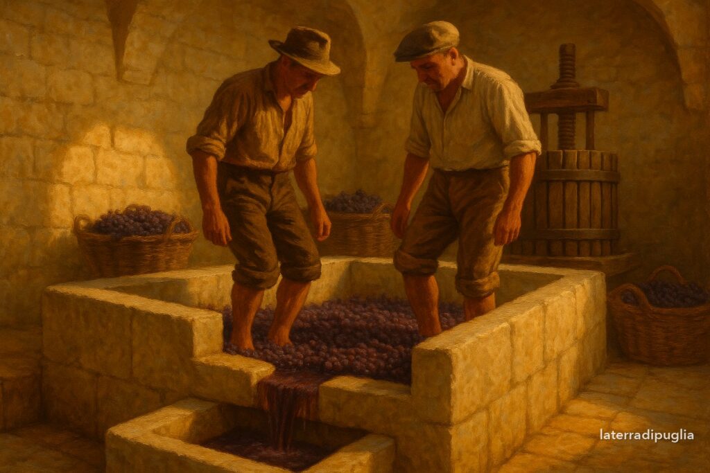 Illustration: two men tread grapes barefoot in the upper basin of an Apulian palmento, with the must running into the lower basin