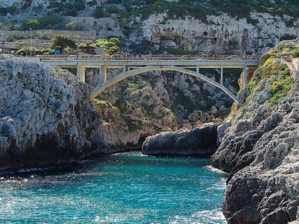 The Ponte del Ciolo over the inlet between two cliffs, at Gagliano del Capo