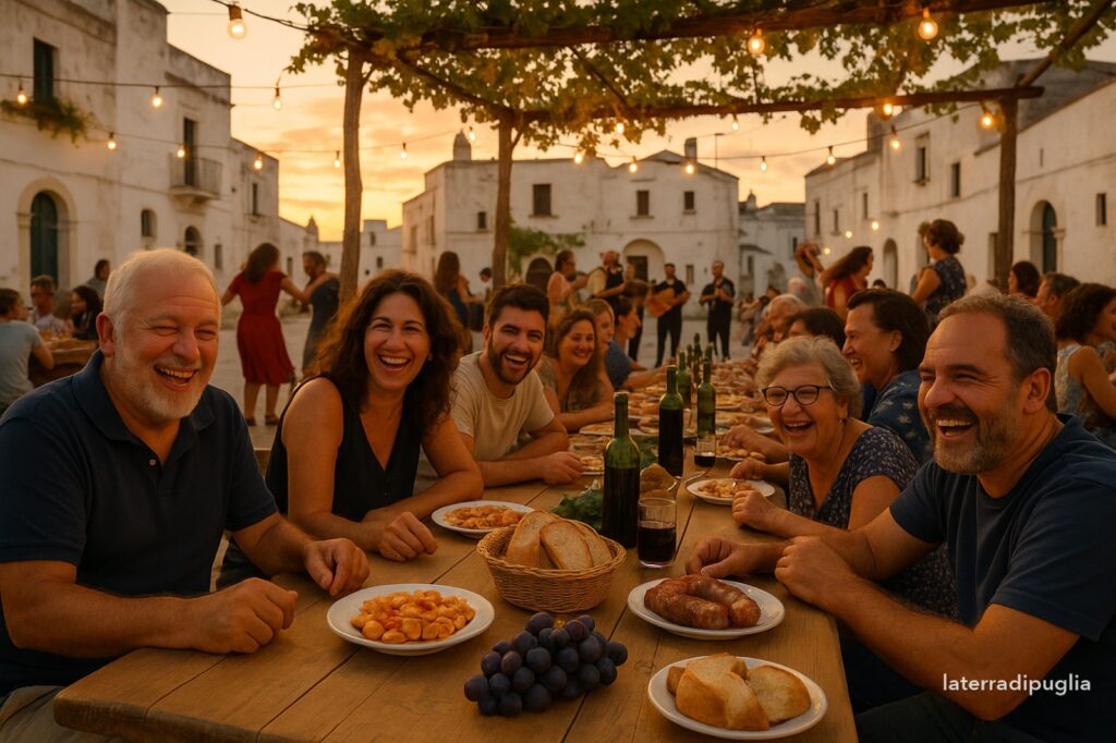 Illustration of a long shared table at a village food festival in Puglia, with musicians and tambourines in the background