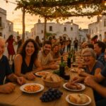 Illustration of a long shared table at a village food festival in Puglia, with musicians and tambourines in the background