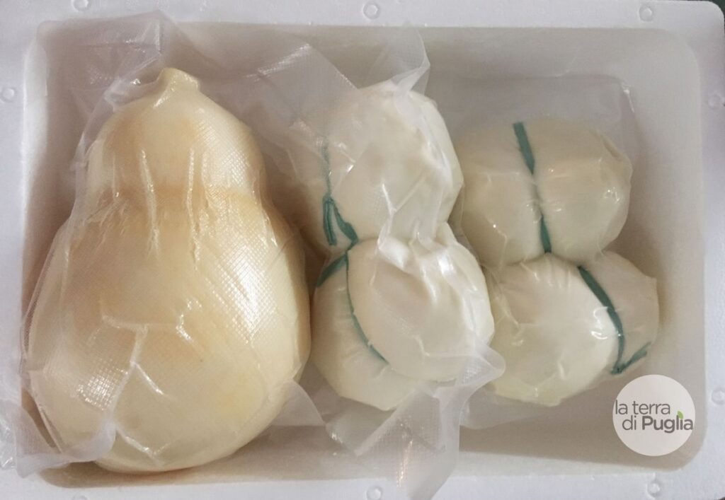 A whole pear-shaped caciocavallo vacuum-packed next to four balls of fresh mozzarella in a box