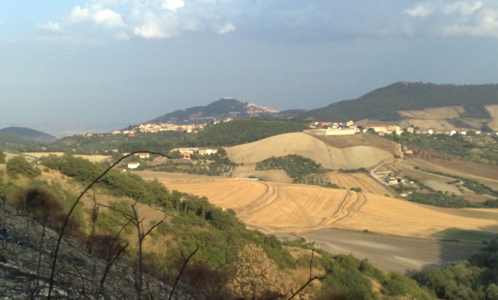Rolling hills of the Monti Dauni with harvested wheat fields and a hilltop village in the distance