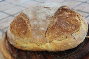 A round loaf of durum wheat bread with a golden, floured crust on a wooden board